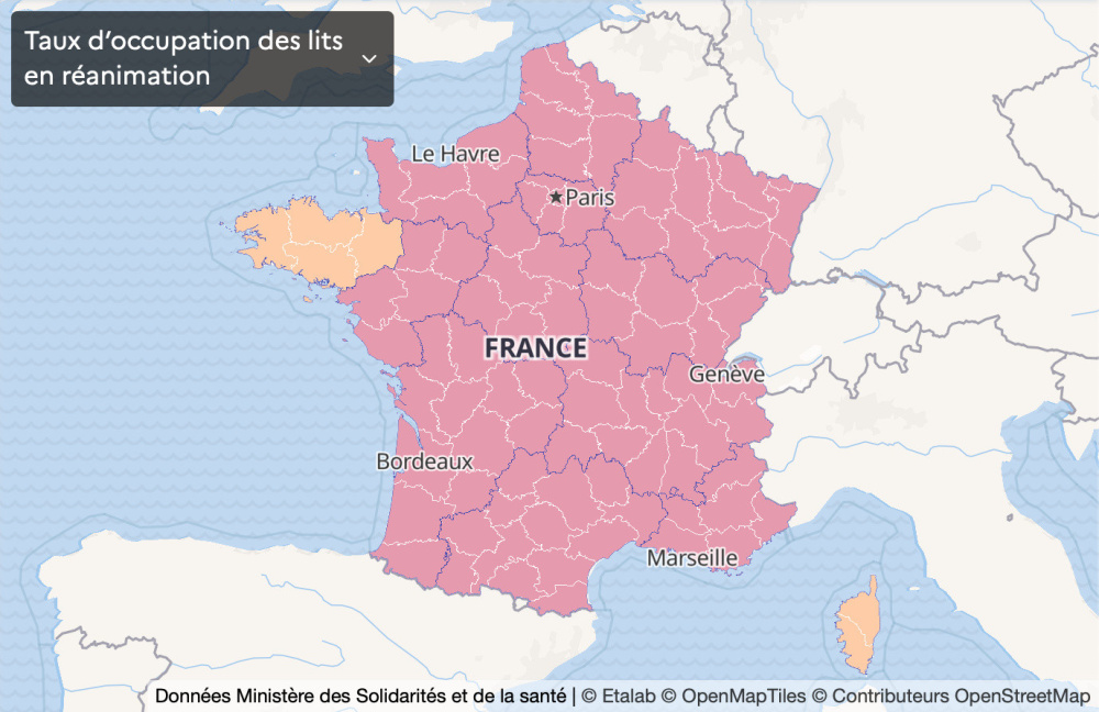 Map of France Coronavirus: vulnerable departments, France in a state of health emergency, second confinement