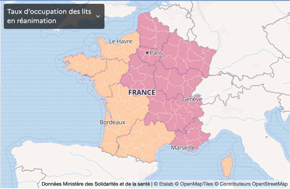 Map of France Coronavirus: vulnerable departments, France in a state of health emergency, second confinement