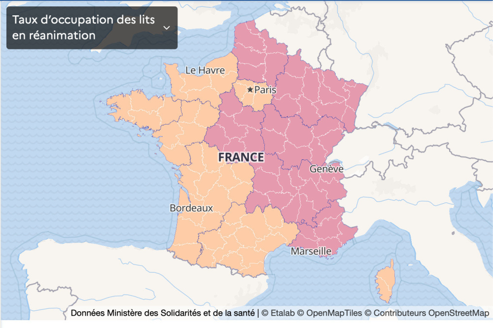 Map of France Coronavirus: vulnerable departments, France in a state of health emergency, second confinement