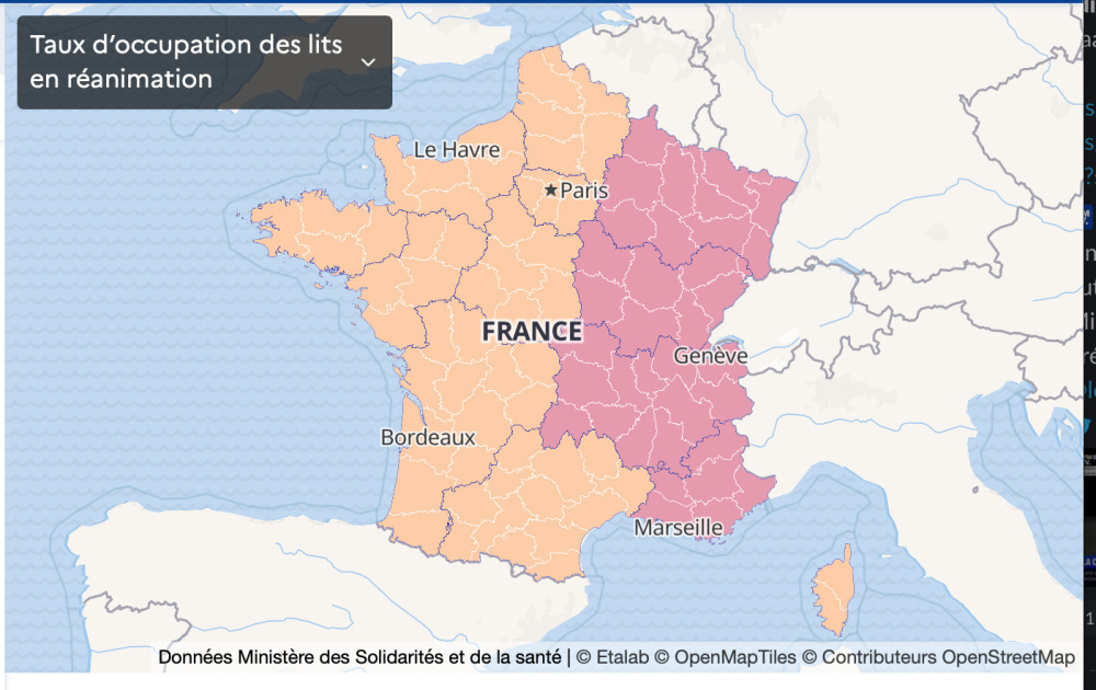 Map of France Coronavirus: vulnerable departments, France in a state of health emergency, second confinement