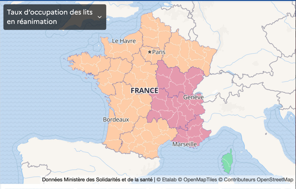 Map of France Coronavirus: vulnerable departments, France in a state of health emergency, second confinement