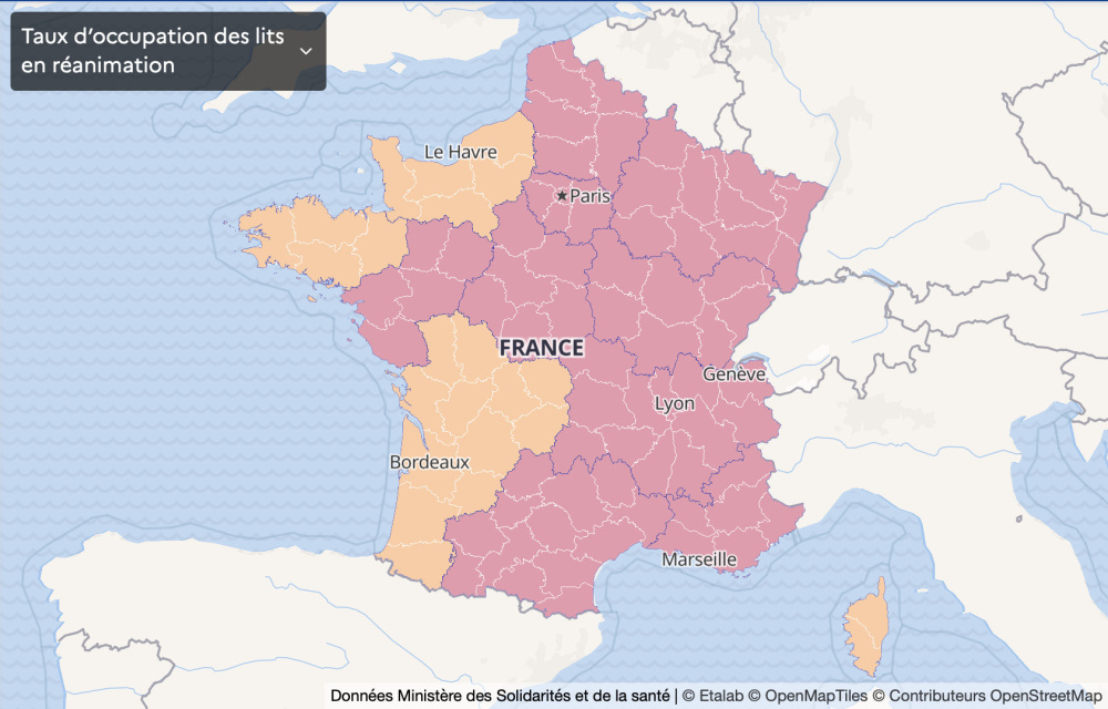 Map of France Coronavirus: vulnerable departments, France in a state of health emergency, second confinement