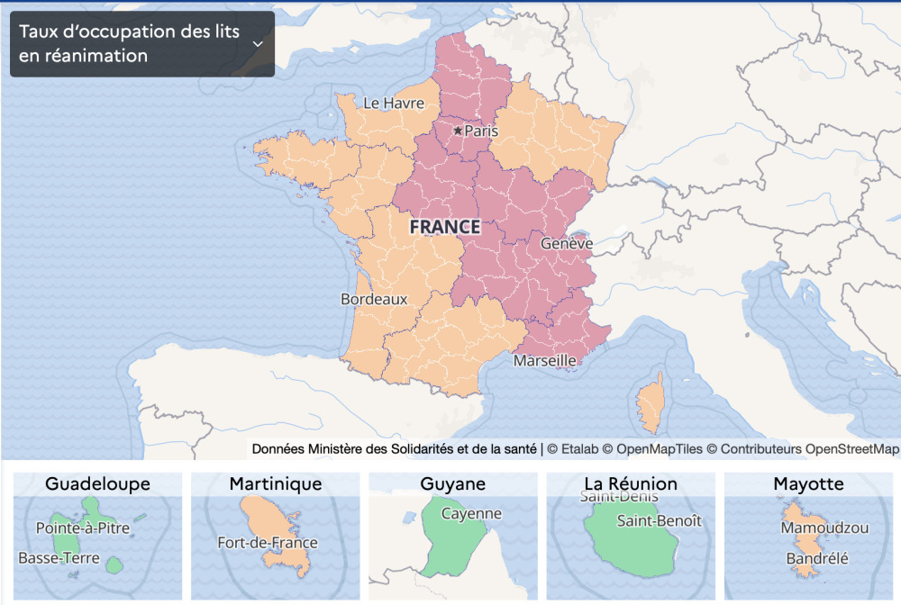 Map of France Coronavirus: vulnerable departments, France in a state of health emergency, second confinement