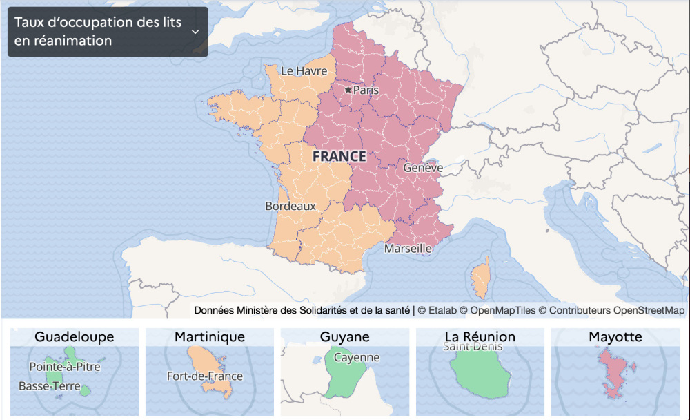 Map of France Coronavirus: vulnerable departments, France in a state of health emergency, second confinement