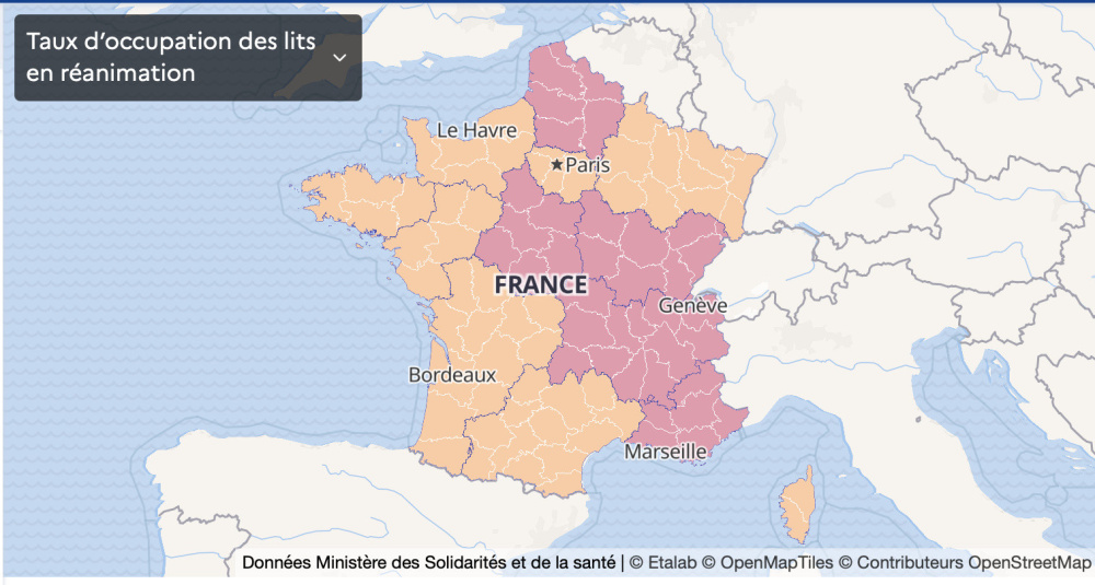 Map of France Coronavirus: vulnerable departments, France in a state of health emergency, second confinement