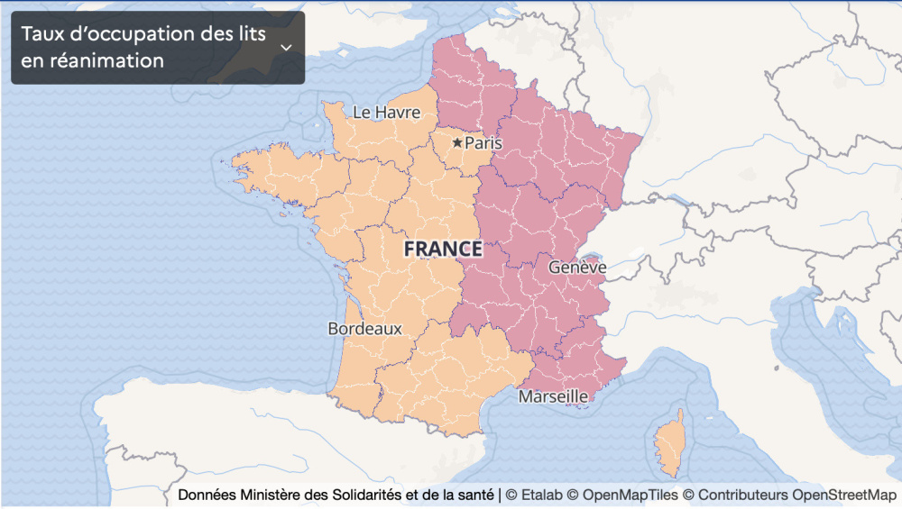 Map of France Coronavirus: vulnerable departments, France in a state of health emergency, second confinement