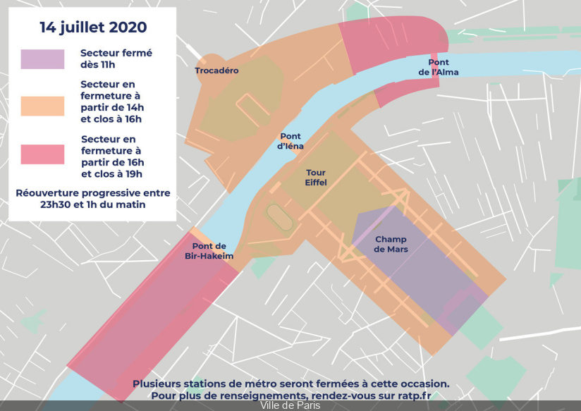 14 juillet 2020 à Paris : restrictions d'accès et de circulation, stations de métro fermées
