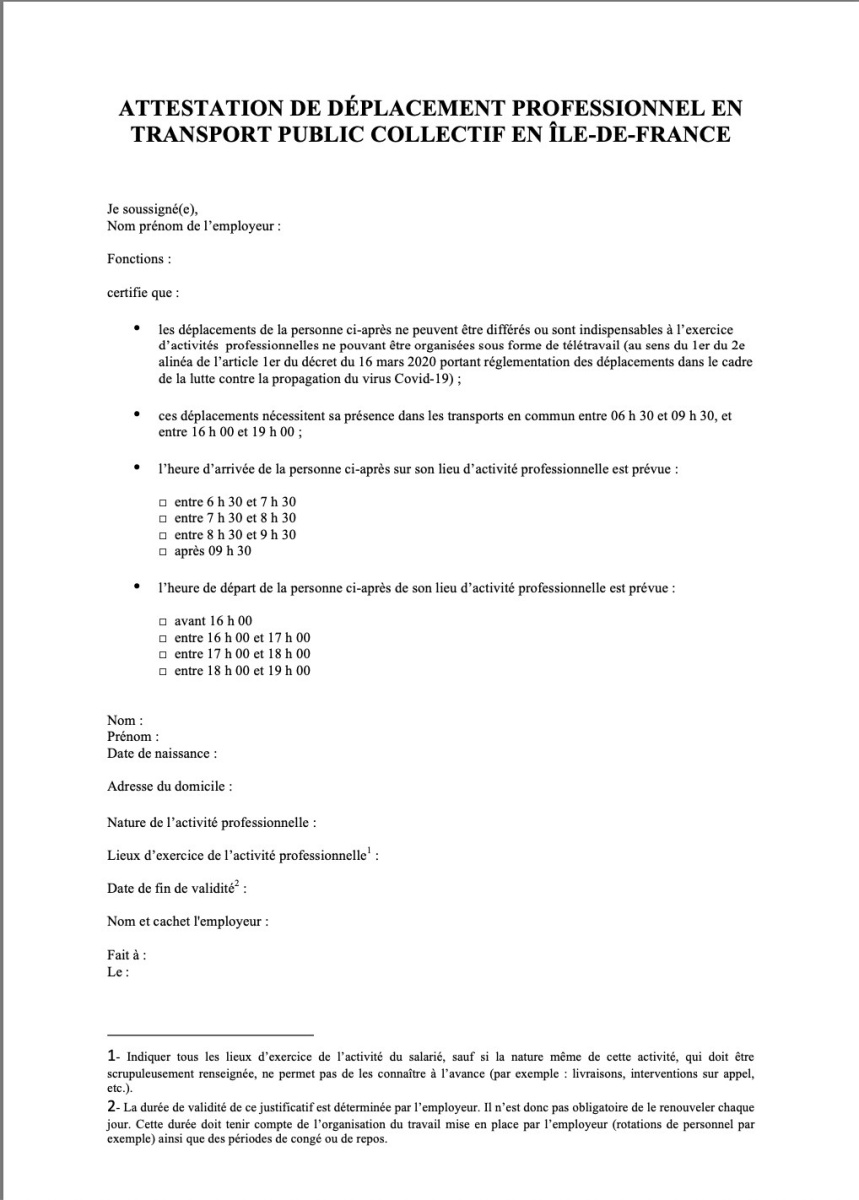 Coronavirus Les Modeles De L Attestation Transports En Ile De France Sortiraparis Com